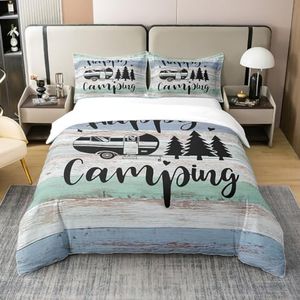 100% Cotton Happy Camping Duvet Cover Queen RV Camper Trailer Bedding Set for Boys Girls Bedroom Farmhouse Style Wooden Stripes Comforter Cover Light Green Blue Soft Breathable Quilt Cover