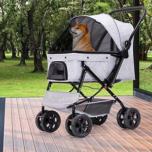 PaWz Pet Stroller Pram Dog Carrier Trailer Strollers 4 Wheels Foldable Large, Dog Stroller with Storage Basket 2 Safety Leash, Reversible Handle Folding Travel Stroller for Cats Dogs 25kg Load Grey