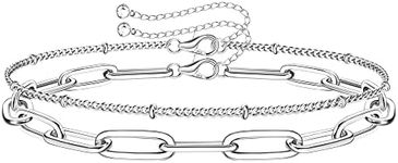 KRFY 925 Sterling Silver Clasp Paperclip Chain Bracelets 14 K White Gold Plated Solid Diamond-Cut Paperclip Chain Women Bracelet Adjustable Layered Bead Bracelets for Women Girls