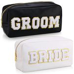 Oudain 2 Pcs Bride and Groom Makeup Bag Letter Patch Cosmetic Travel Toiletry Bag Women PU Leather White Portable Bride Purse Wedding Pouch Bag for Bride Bridal Shower Gift Bachelorette Party Favor