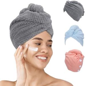 FREATECH 3 Piezas Toalla Microfibra Pelo, Toallas para Secar el Pelo sin Encrespamiento, Menos Secado con Secador, Turbante Pelo Suave y Absorbente con 3 Botones para Cabello Largo, Rizado y Grueso