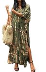 FSMO Women's Elegant Beach Poncho Ethnic Print Loose Kaftan Smock Summer Maxi Dress, Army Green, One Size