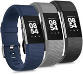 3 Pack Sport Bands Compatible with Fitbit Charge 2 Bands, Adjustable Replacement Wristbands for Women Men Small Large (Small, Navy Blue+Black+Gray)