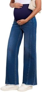 BLENCOT Maternity Clothes Bootcut Jeans for Women Raw Hem Over Belly Adjustable Waist Wide Leg Stretch Winter Denim Pregnant Pants Comfy Work Winter with Pockets Casual Outfits Medium Bluing