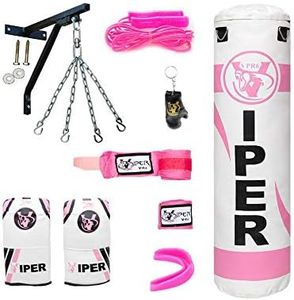 Viper PRO Ladies Pink 4ft heavy Filled Boxing Punch Bag Set, Bracket, Chain, Mitts, Gloves