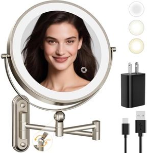 Rocollos 9-Inch Large Makeup Mirror with 30X Magnification, Rechargeable Wall Mounted Vanity Mirror with Lights, 3 Color Dimmable LED, Touch Screen & Retractable Arm-Black (9INCH-Nickel)