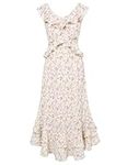 GRACE KARIN Women Floral Dresses for Summer Chiffon A-line Flowy Beach Dresses Floral Sleeveless Wedding Guest Elegant Dresses Apricot with Purple Flower S