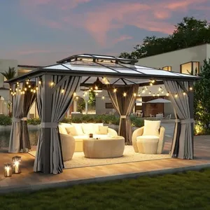 Aoxun 12'x14' Hardtop Gazebo, Aluminum Frame Permanent Pavilion with Curtains and Netting, Outdoor Polycarbonate Double Roof Canopy, Designed for Garden with Ceiling Fan, Lawns, Patio, Gray