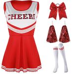 SATINIOR 4 Pcs Cheerleader Costumes for Women Adults Girls Cheer Uniform Outfit Fancy Dress for Halloween Party(X Large,Red)