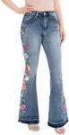 Petite Bell Bottom Jeans for Women Floral Embroidered Jeans Mid Rise Flare Wide Leg Denim Pants Light Washed Blue 2