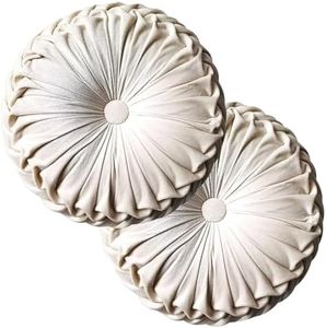 Teieas 2 Pcs Round Throw Pillows Decorative Pumpkin Velvet Boho Pleated Bed Pillows Back Support for Couch Chair Dorm Car 14.96'' (Beige)