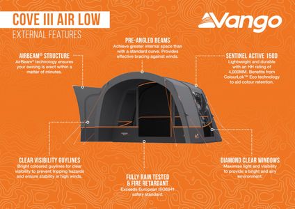 Vango Cove III Air Campervan Awning with Front Canopy – Inflatable, 4000mm Waterproof, Mid (215-255cm)