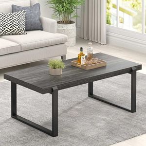 FOLUBAN Coffee Table, Modern Industrial Wood and Metal Center Table, Rectangle Cocktail Tea Table for Living Room, Dark Gray, 44 Inch