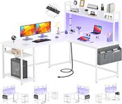 Aheaplus L Shaped Desk with Power Outlet & LED Strip, Reversible L-Shaped Corner Computer Desks Gaming Desk with Storage Shelf & Monitor Stand, Modern 2 Person Home Office Desk, Writing Desk, White