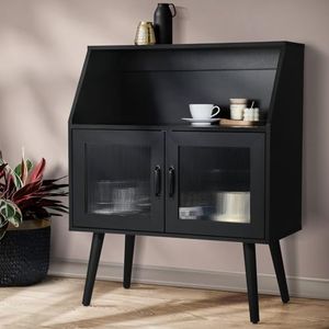 Oikiture Sideboard Buffet Cabinet with Open Shelf, Glass Doors and 2 Tier Storage Cabinet Coffee Bar Table