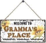 Vintage Style Sign, Welcome to Gramma's Place Weekends, Weekdays, Whenever Decorative, Hanging Wood Sign Home Decorative, Printed Wood Wall Art Sign, Sunflower Sign Gift for Grandma 12x6 in