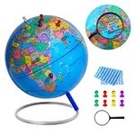 9" World Globe for adult & kid, Classroom & Office Desk, Geographic Globe with iron Stand, colorful Magnetic Push Pins & magnifier & handkerchief, 360° Horizontal Rotation Educational World Globe Blue