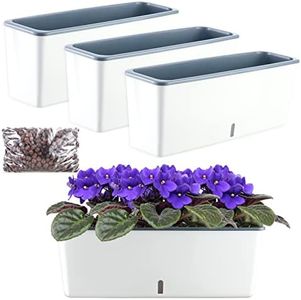 3 Pack Rectangular Self Watering Pots for Indoor Plants 17” x 4.7” Window Boxes Planters Rectangle Windowsill Planter Herb Garden Planter Flower Pots Planting Box Garden Box Window Sill Planters