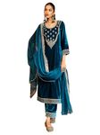 INDO ERA Women's Blue Velvet Embroidered Straight Kurta & Pant With Dupatta Set (IEOUT6666_Large)