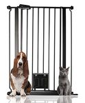 Bettacare Pet Gate with Lockable Cat Flap, 75cm - 84cm, Black, 104cm in Height, Extra Tall Dog Safety Barrier with Cat Flap, Easy Installation