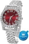 HALUKAKAH Diamonds Gold Watch Iced Out,Women's Platinum White Gold Plated 36MM Width Red Dial Quartz Wristband 20cm,Free Giftbox