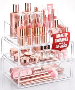 Masirs Clear Acrylic Makeup Organizer with Drawers – Cosmetic Vanity Storage for Skincare, Hair Accessories, Jewelry, Perfume – Durable Countertop Bathroom Organizer