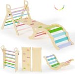 BlueWood Pikler Triangle Set, Toddler Wooden Climbing Toys Indoor 7in1 Climber, Foldable Kids Climbing Toys for 1-3 Inside, Montessori Play Jungle Gym with Arch, Ramp, Ladder (Colorful Spring)