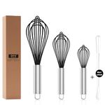 OYV Silicone Whisk,3 Pack Professional whisks for Cooking Non Scratch,Stainless Steel & Silicone wisk,Plastic Rubber Whisk for nonstick cookware,Small Silicone Whisk Set,Black