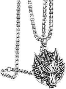 Flongo Colgantes de Hombre, Collar Plateado de Lobos Retro Vintaje, Colgantes Acero Inoxidable, Collar Hip Hop Cadena Larga 56CM, Regalo Original/Día de Padre