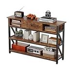 Mexin Console Table with Drawer Shelves, Entryway Table with 3 Tier Storage Shelves, Industrial Wood Hallway Sofa Table for Living Room, Couch, Foyer, Kitchen Counter, 47 Inch Rustic Brown