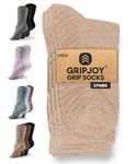 Gripjoy Grip Socks Non Slip Socks for Women Men - Non Skid Hospital Socks – 3 pk (Small/Medium (men 6-8.5 / women 5-10), Tan)