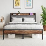 BOFENG Queen Bed Frame with Upholstered Storage Headboard/Charging Station,Metal Platform Bed Frame Queen Size with Strong Slats Support,No Box Spring Needed,Mattress Foundation,Noise Free,Brown