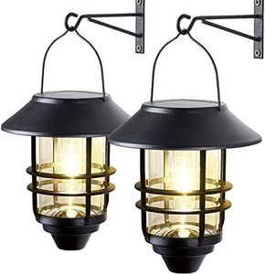 Hanging Outdoor Solar Lights, Solar Lanterns Metal Waterproof with Clear Glass & Hook Solar Outdoor Lights, Wall Lights Fixture Solar Garden Lights for Porch, Fence,Yard 2 Pack