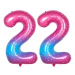 Ponmoo 40 inches Foil Balloons Numbers 22 Pink-Blue Gradient (101cm), Inflatable Helium or Air, Giant Balloon Number 0-9, 10-100, Grand Balloons for Anniversary Wedding Birthday Party Decoration