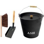 Almineez 12L Steel Ash Bucket with Lid Wooden Handle + Shovel & Brush Fireside Fireplace Coal Logs BBQ Storage Holder Firepits Hearth Wood Burning Stoves Fire Pit Wood Burning Stove Bin