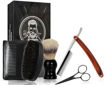 MenGate Straight Edge Razor Shaving Kit, Including Steel Shaver & Shaving Brush & Wooden Beard Comb & Brush, Beard Grooming Scissors, Idea Gift for Christmas, Birthday, Father for Men - Brown
