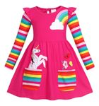 Henzworld Kids Girls Cotton Flower Rainbow Unicorn Dress With Pockets Halloween Birthday Party Clothes Robe Manche Longue 7-8