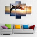 Fish Artwork for Walls Portraits of Dolphin Pictures Marine Sunset Paintings for Living Room 5 Panel Printed on Canvas Undersea Animal Wall Art Home Decor Stretched Framed Ready to Hang(60''Wx 40''H)