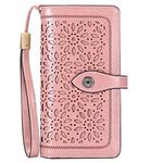 HUANLANG Large Womens Wallet Leather Vintage RFID Blocking Ladies Credit Card Clutch Wallets for Women with Wrist Strap (Pink)