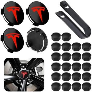 Powlamks 4 Pack Car Wheel Center Hub Cap Kit with 22 Lug Nut Covers, 2.2 in (56mm) Wheel Rim Covers Center Hubcaps with Emblem for Model 3 Y, Black & Red Gray & Silver Exterior Decoration for Tesla