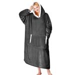 Yescool Oversized Wearable Blanket Hoodie, Flannel Sherpa Fleece Blanket Sweatshirt for Adults Women Men, Big Plush Cozy Hooded Blanket with Hood, Pocket & Sleeves, One Size Fits All (Grey)