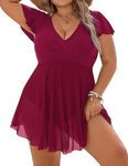 Blooming Jelly Women's Plus Size Bathing Suit Red One Piece Swimdress Full Coverage Swimsuits Modest V Neck Swimwear(Red, XX-Large)