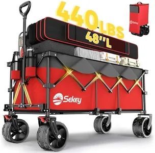 Sekey 48''L Collapsible Foldable Extended Wagon with 440lbs Weight Capacity, Heavy Duty 300L Folding Utility Garden Cart with Big All-Terrain Beach Wheels & Drink Holders. Red&Grey