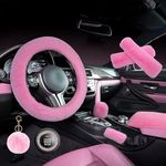 ZYNQACC 1 Set 8 Pieces Fluffy Steering Wheel Cover Set,Warm Soft Fuzzy Steering Wheel Covers for Women/Girls,Universal 15 Inches Girls Car Accessories (Pink)