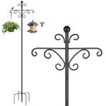 Bird Feeders Hanging Station, 196cm Wild Bird Feeder Poles and Hangers, Free Standing Feeding Station for The Garden, Heavy Duty Metal Double Shepherds Crooks Hooks for Lights Stand, Black, 1 Pack