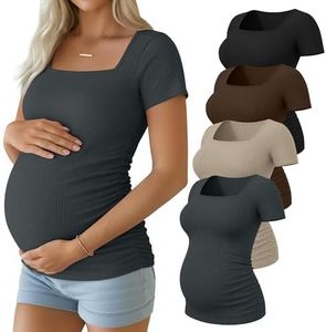 Huukeay 4 Pack Women's Maternity Shirts Cotton Ribbed Short Sleeve Square Neck Pregnancy Tops Side Ruched Summer Tee(Black, Brown, Light Khaki, Dark Gray,Large)