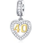 40 Years Old Anniversary Charms fits Pandora Style Bracelet, 18K Golden Number 40, 925 Sterling Silver Heart Necklace Pendant with Birthstones CZ, 40th Birthday Gifts for Women/Men