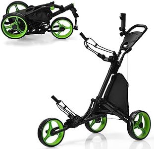 COSTWAY 3 Wheel Golf Push Pull Cart, Lightweight Foldable Golf Trolley with Adjustable Height Handle, Umbrella Stand, Cup Holder and Foot Brake (122 x 69 x 114cm, Green, no Detachable Stool)