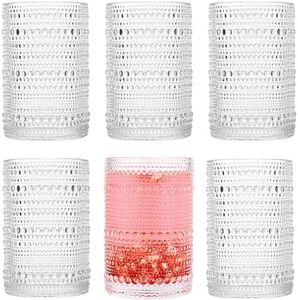 Dingerjar Hobnail Drinking Glasses set of 6（13 oz） Hobnail Water KItchen Glassware, Embossed Vintage Juice Glasses Tall Bar Drinkware
