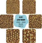 INDIKONB 2500 pcs Gold Color Beads for Jewelry Making, Earring, Necklace, Bracelet Set for Girls and Women (6 Round Golden Pearl Bead Moti of size 3 mm, 4 mm, 5mm, 6mm, 8mm, 10mm + Nylon Wire)